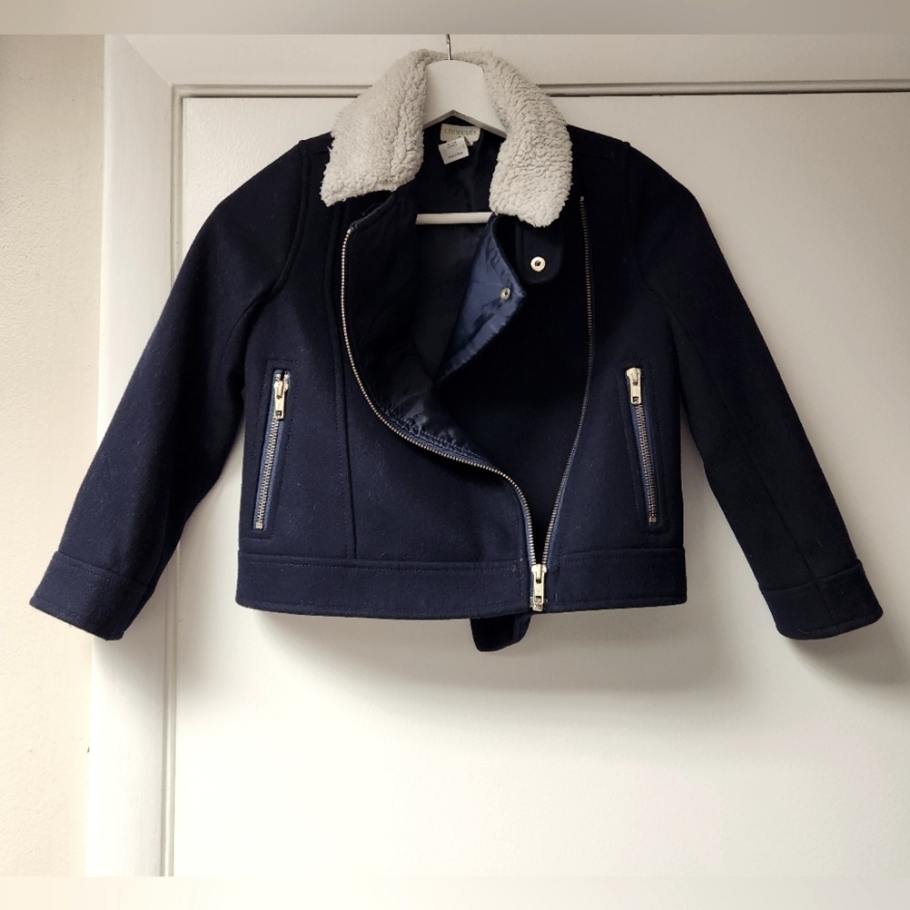 J.Crew Crewcuts Wool Blend Moto Jacket Navy Gold Hardware Sherpa Fur Collar 6-7 - Picture 4 of 16